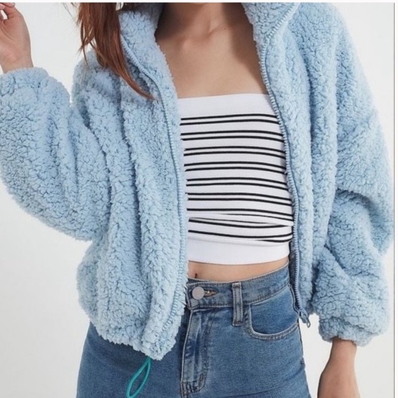 Urban outfitters light blue teddy cropped jacket Small - Picture 1 of 6